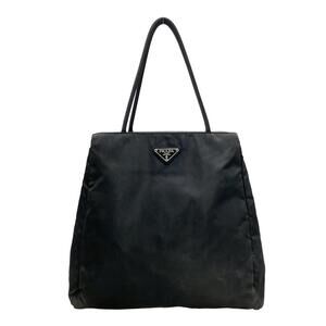 Prada Tessuto City Tote Bag signature enameled triangle logo plaque Black